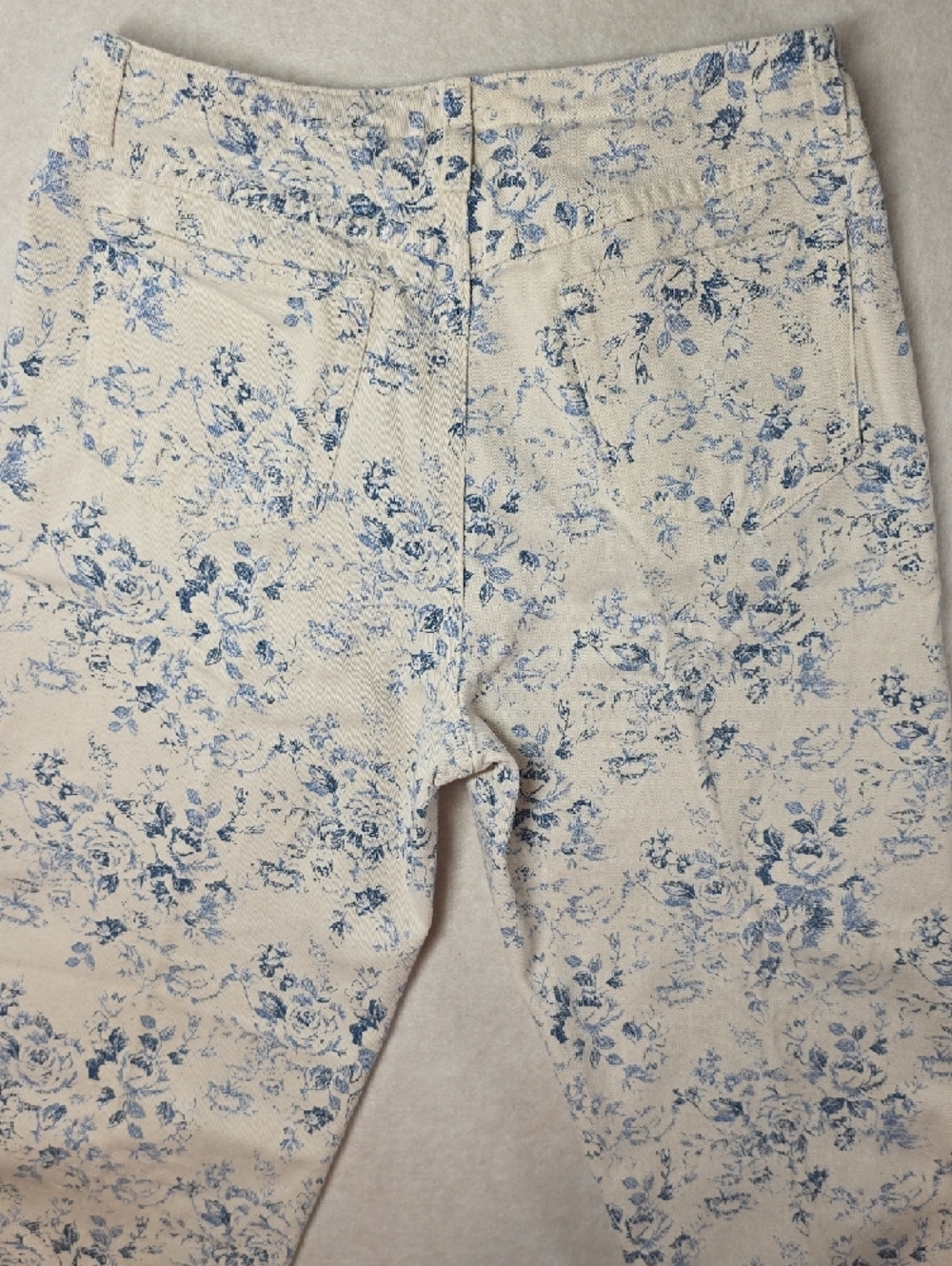 Lizwear Vintage Cream Blue Floral Toile Print Straight Leg Jeans 100% Cotton - Picture 10 of 11